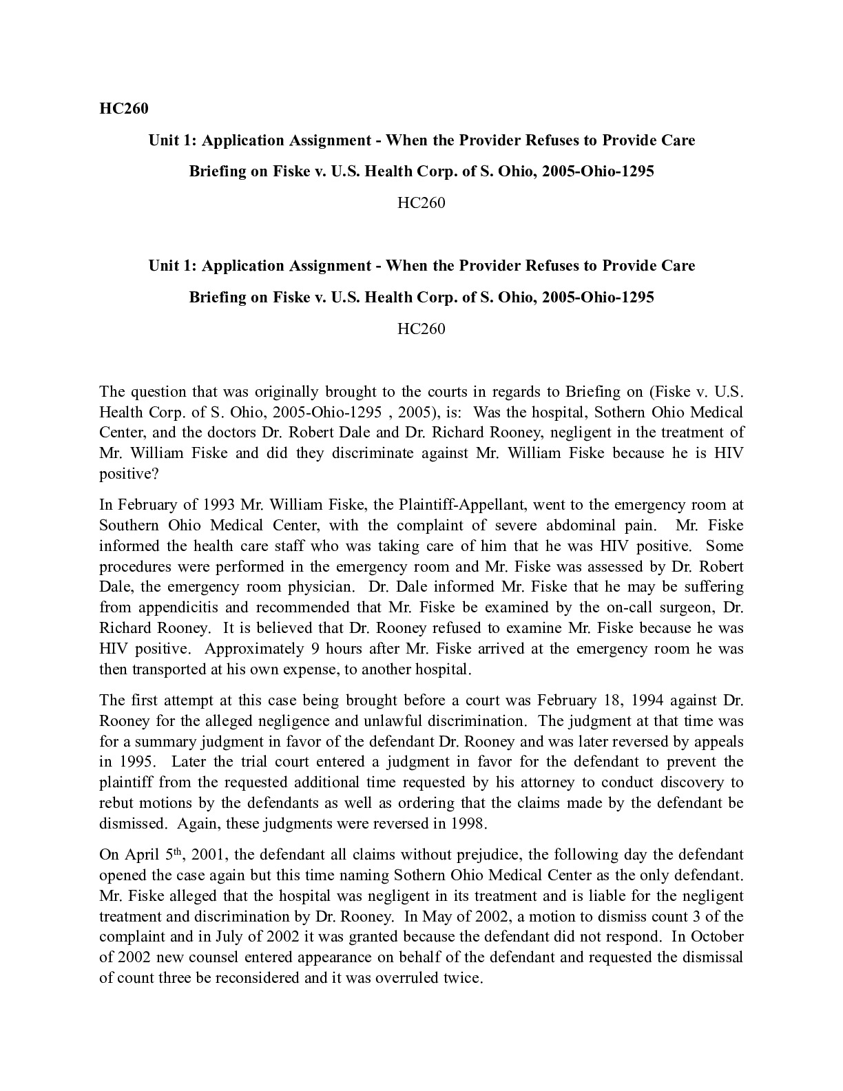 Preview image of Assignment 1.docx  HC260  Unit 1: Application Assignment - When the Provider Refuses to Pr document